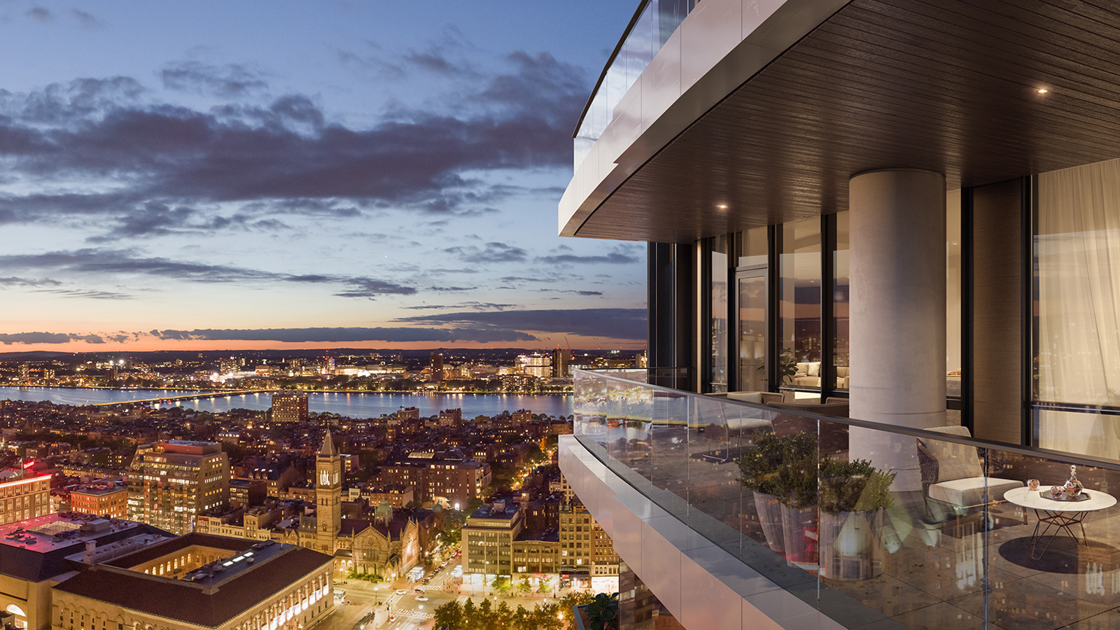 A beautiful view of a balcony at Raffles Boston at sunset